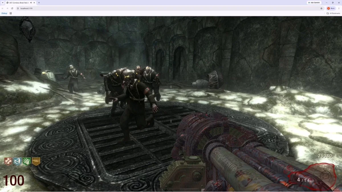 First-person weapon and a creature inside the Skyrim dungeon in Blendi’s browser preview