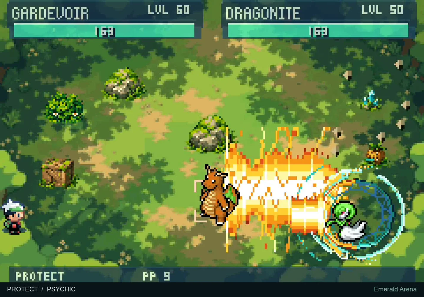 Gardevoir and Dragonite fighting with fire effects in Emerald Arena