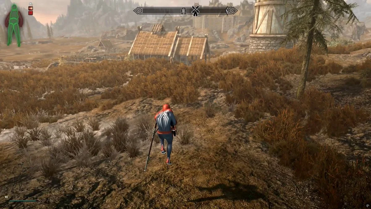 Spider-Man crossing a Skyrim landscape in Cydonyx’s crossover preview