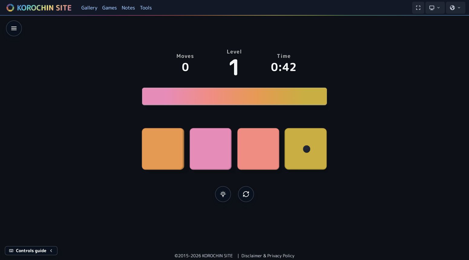 COLORDER gameplay during our browser test: four pink, coral, orange and yellow tiles are scrambled below a matching gradient reference. The final yellow tile is fixed, shown by a dark dot. Game by Korochin; screenshot by Attract Mode.