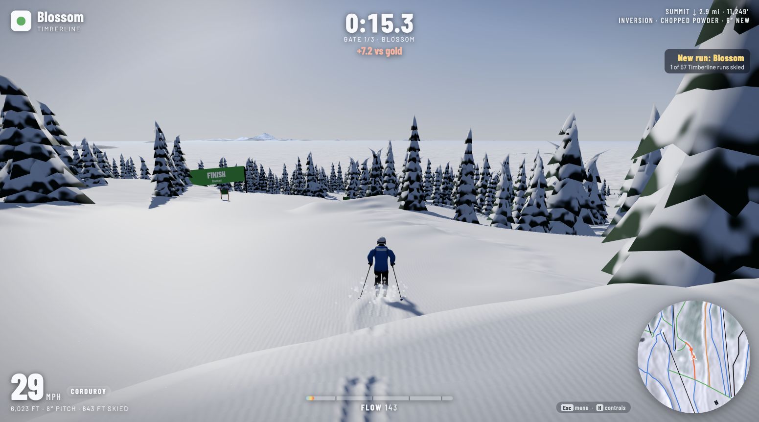 Lejup gameplay on the Blossom ski run at Timberline on Mount Hood. A skier approaches race gates between snow-covered trees. A trail map and timer appear in the corners. Game by Studio Zalktis; screenshot by Attract Mode.
