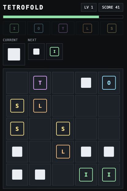 TETROFOLD gameplay on a dark 5-by-5 board. White raw tiles share space with colored I, O, T, L and S pieces. The score is 41 at level 1, with a green timer above the board. Game by pausory; Attract Mode screenshot from September 29.