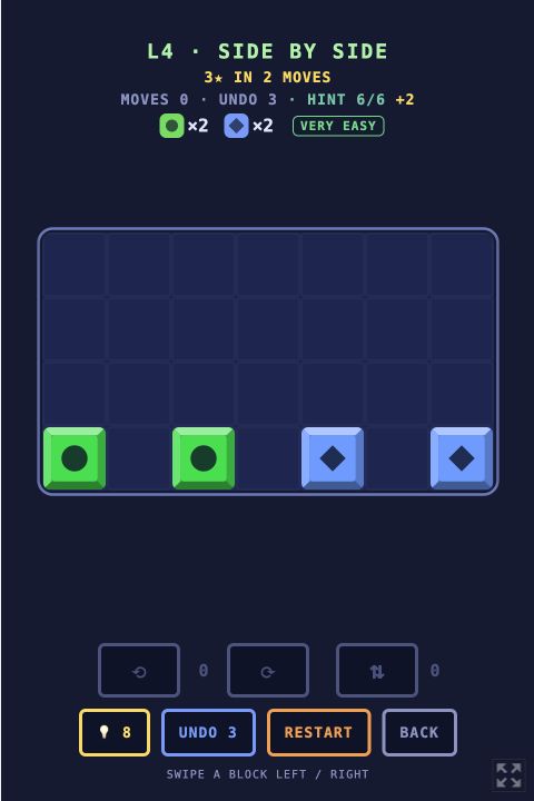 FALLMATCH level 4, Side By Side, after replay reset. Two green circle blocks and two blue diamond blocks sit along the bottom of a dark grid. The goal is three stars in two moves; the move count is zero. Game by gusmediaworks; screenshot by Attract Mode.