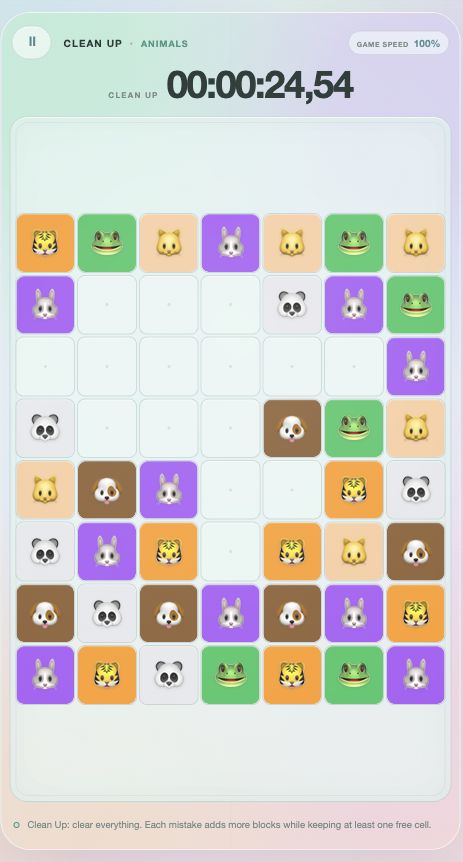 INTERSECT in Clean Up mode with the Animals theme. Cats, frogs, rabbits, pandas, dogs and tigers surround empty crossings on a pastel 8-by-7 board. Game by ASODA; screenshot by Attract Mode.