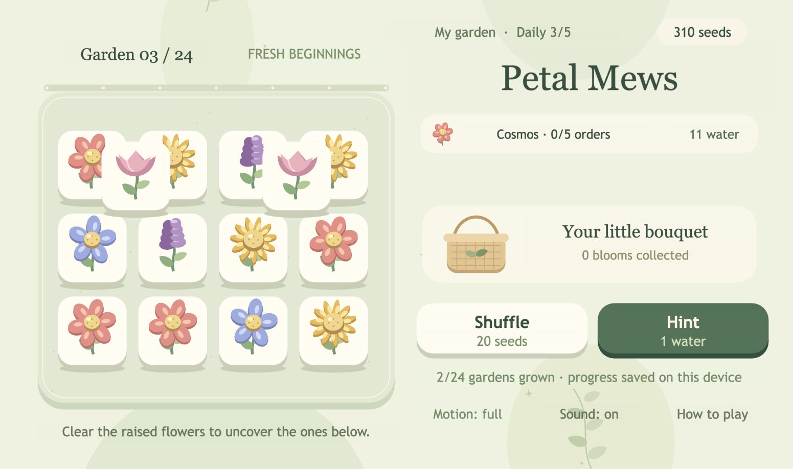 Petal Mews garden three. Two raised tulip tiles cover flowers on the top row. The bouquet asks for cosmos, with eleven water available and 310 seeds saved. Game by petalmewsgame; screenshot by Attract Mode.