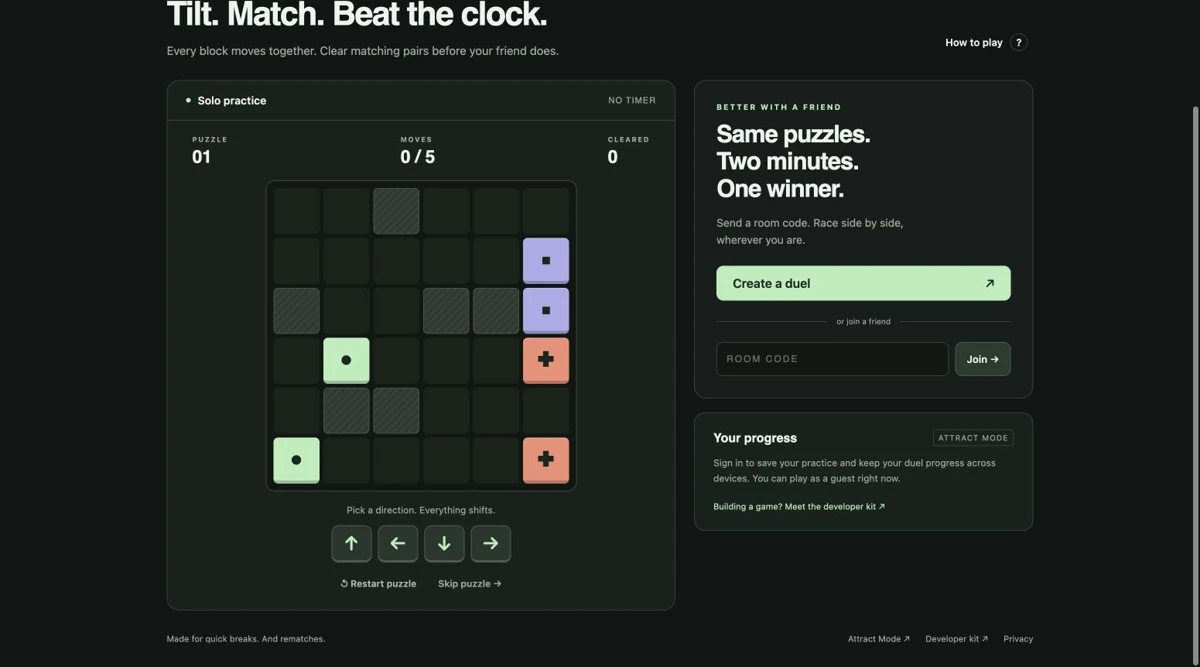 Drop Duel solo gravity puzzle with a six-by-six board, colored symbol blocks and two-player room controls
