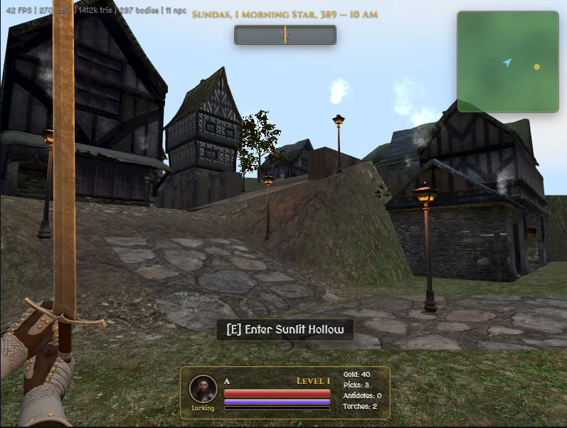 EverRealm gameplay looking down a medieval village street with a mini-map and character HUD