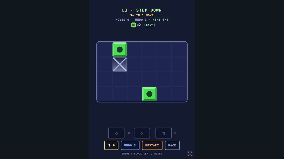 FALLMATCH level three with two green blocks, a fixed support and a one-move target