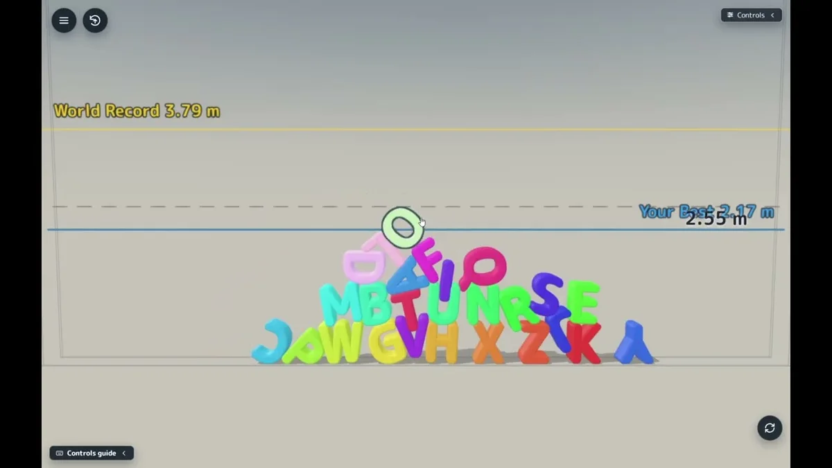 Glyph Tower gameplay with colorful three-dimensional letters balanced into a tower