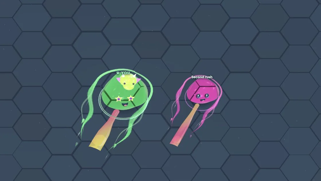 Green and pink jellies leaving glowing slime trails across the JellyBlob arena