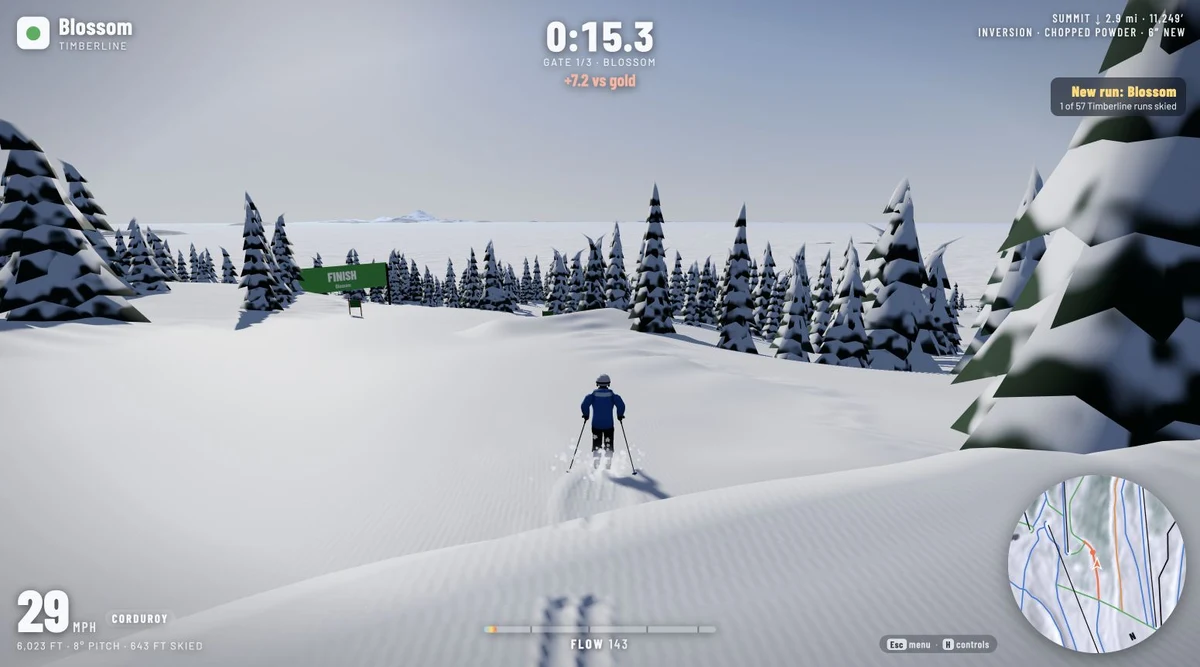 Lejup gameplay on the Blossom ski run at Timberline, with a skier approaching race gates between snow-covered trees.