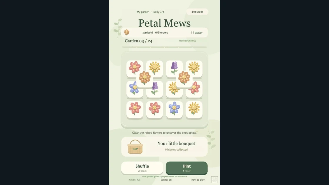 Petal Mews garden three with raised marigold tiles covering the flowers below