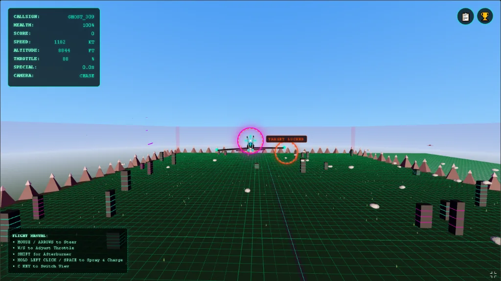 Sky Warriors 2 gameplay showing a fighter jet targeting an opponent above a low-poly landscape