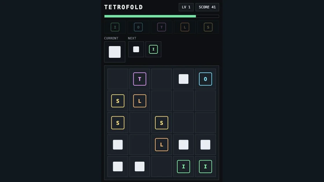 TETROFOLD 5-by-5 board with raw tiles and compressed I, O, T, L and S pieces
