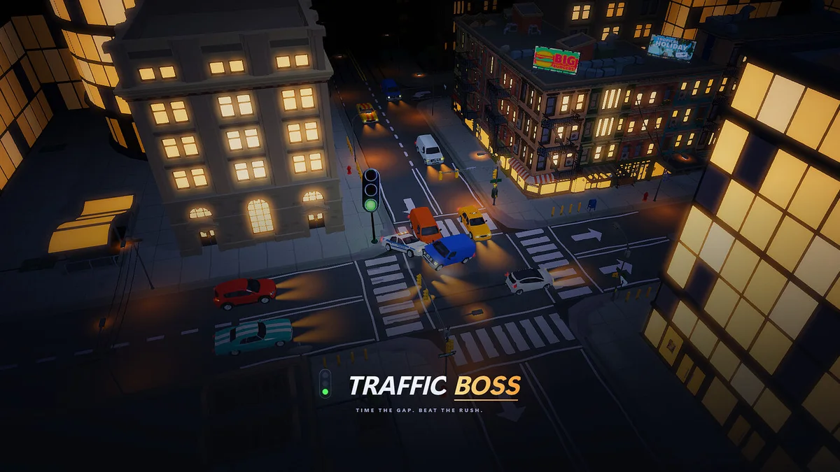 Traffic Boss artwork showing cars approaching a traffic light in a night-time city