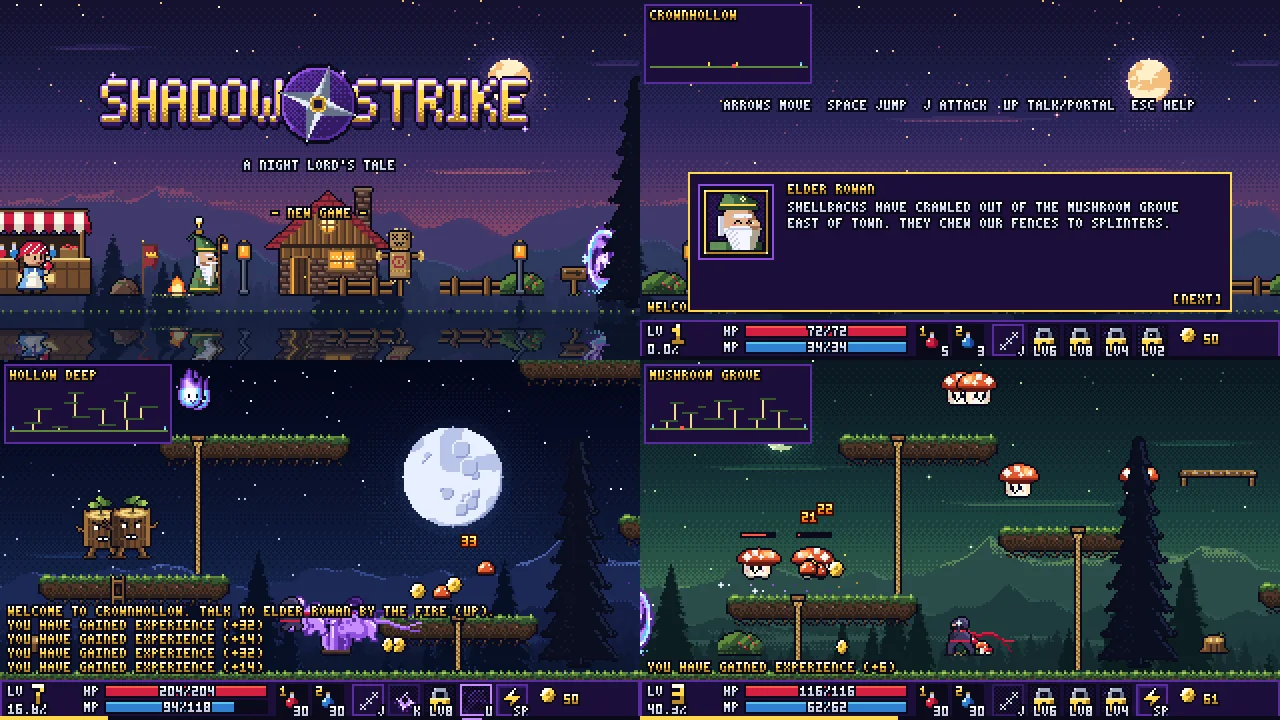 Four actual Hollow Crown screens showing its title, quests and pixel RPG environments