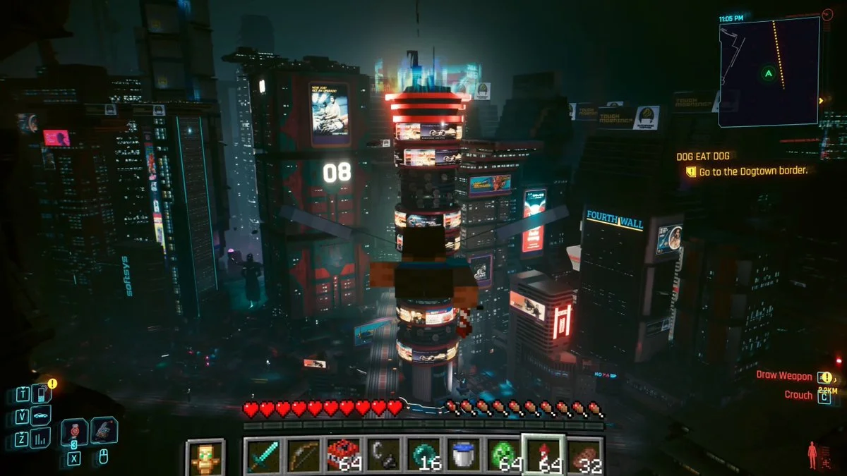 Night City buildings seen with Minecraft’s health bar and inventory in the elytra demonstration