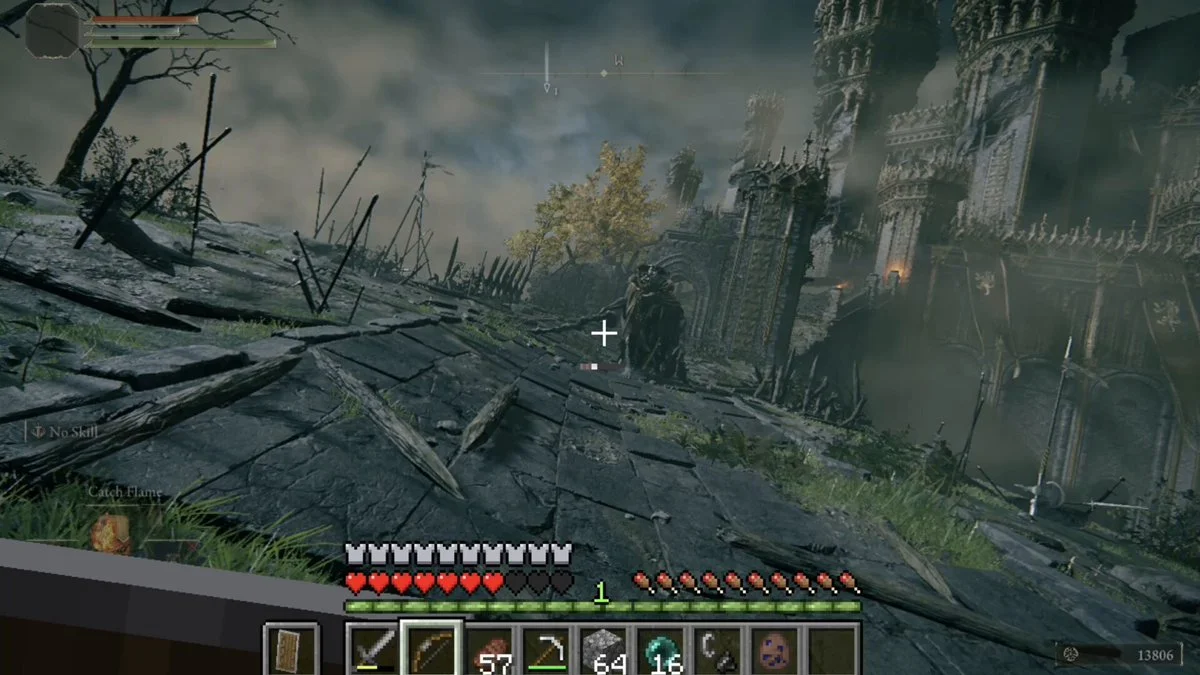 Minecraft blocks and inventory over an Elden Ring landscape