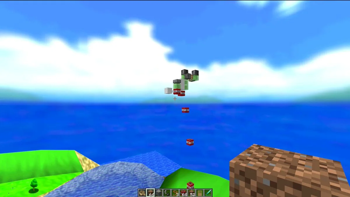 Minecraft blocks and a character above the sea in the Super Mario 64 crossover