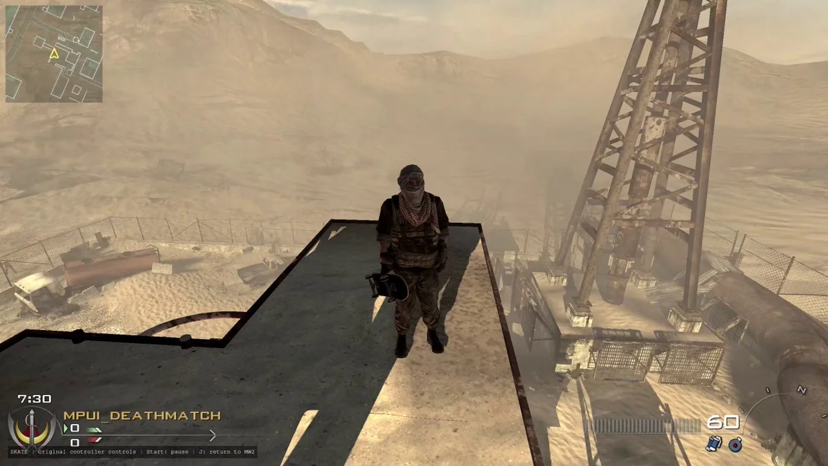 A skateboarder on the Rust map in the MW2 and Skate 3 crossover