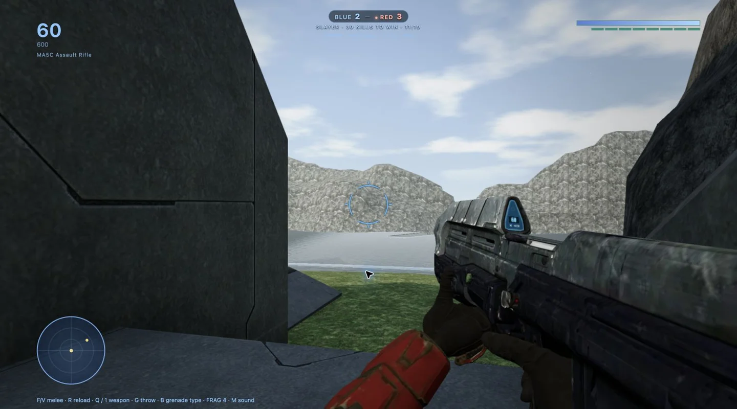 First-person assault rifle view across Valhalla in Not Halo’s offline Team Slayer mode
