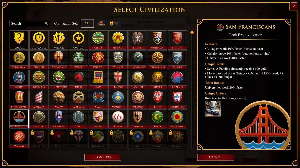 The San Franciscans civilization selected in Age of Empires II