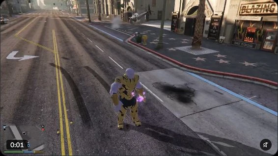 Thanos standing in a Los Santos street in Rehan Sheikh’s GTA V mod demonstration
