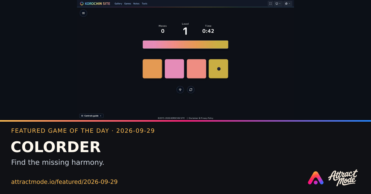 COLORDER, Featured Game of the Day on 2026-09-29, with actual game imagery and Attract Mode branding