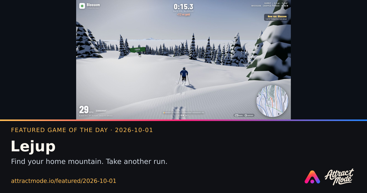 Lejup, Featured Game of the Day on 2026-10-01, with actual game imagery and Attract Mode branding