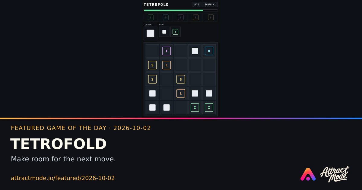 TETROFOLD, Featured Game of the Day on 2026-10-02, with actual game imagery and Attract Mode branding