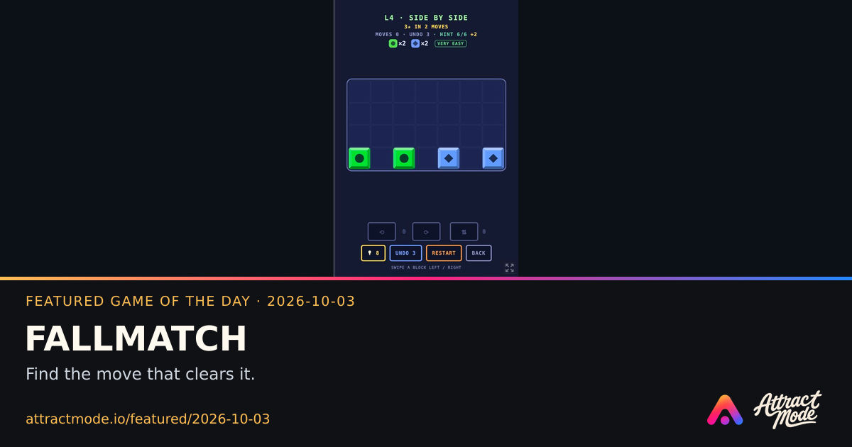 FALLMATCH, Featured Game of the Day on 2026-10-03, with actual game imagery and Attract Mode branding